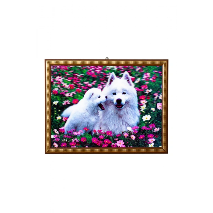 5d recine elmas boyama 180° hareketli beyaz yavru kurt ve annesi cerceveli tablo resim