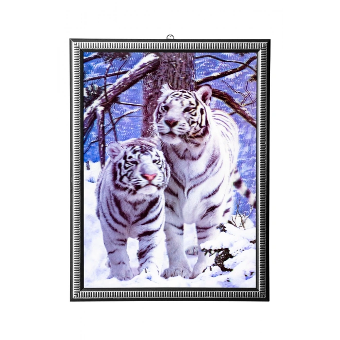 5d recine elmas boyama 180° hareketli ikili beyaz kar kaplanlari cerceveli tablo resim