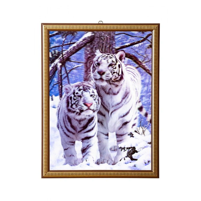 5d recine elmas boyama 180° hareketli ikili beyaz kar kaplanlari cerceveli tablo resim