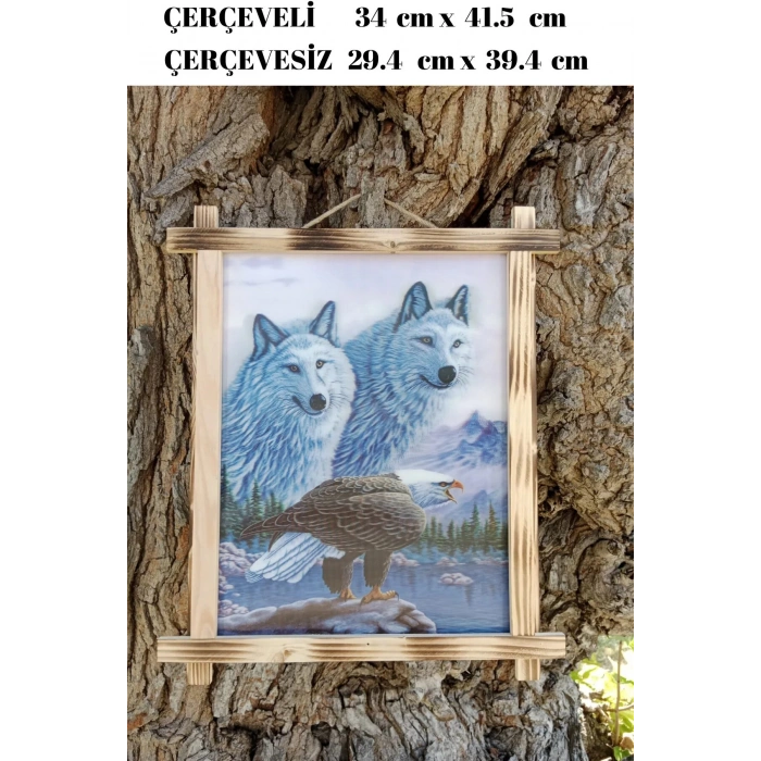 5d recine elmas boyama 180° hareketli ikili beyaz kurtlar ve kartal cerceveli tablo resim