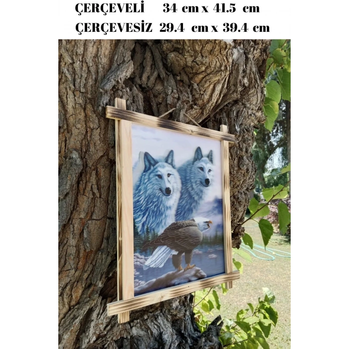 5d recine elmas boyama 180° hareketli ikili beyaz kurtlar ve kartal cerceveli tablo resim