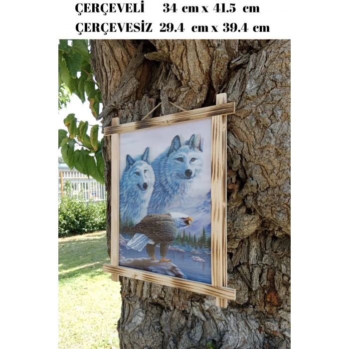 5d recine elmas boyama 180° hareketli ikili beyaz kurtlar ve kartal cerceveli tablo resim