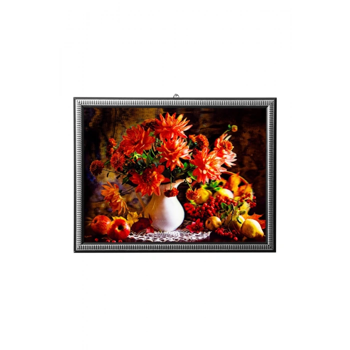 5d recine elmas boyama 180° hareketli meyve sepeti ve vazodaki cicekler cerceveli tablo resim