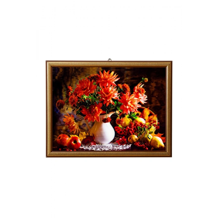 5d recine elmas boyama 180° hareketli meyve sepeti ve vazodaki cicekler cerceveli tablo resim