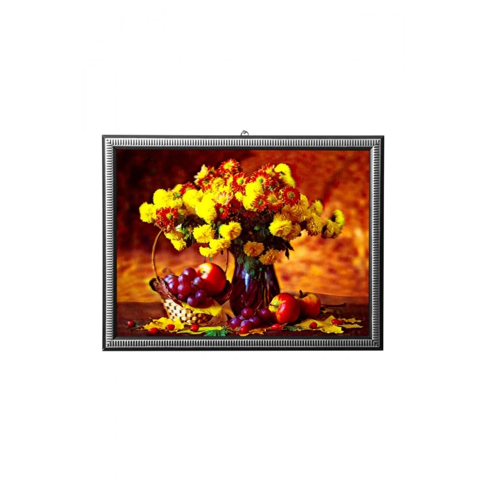 5d recine elmas boyama 180° hareketli vazodaki cicekler ve meyve sepeti cerceveli tablo resim