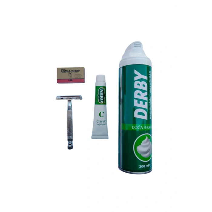 Derby Tras Kopugu Tima 777 tras makinasi Perma Sharp Yaprak Jilet Arko Nem Klasik cilt besleyici Yagli Krem 20 cc Tras Seti