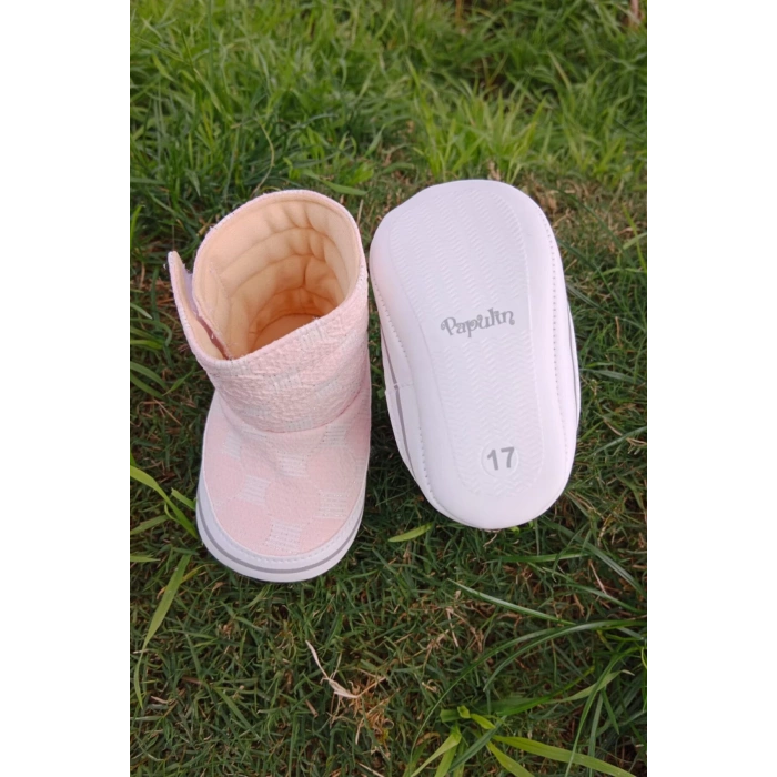 acik pembe renkli ici pamuklu cirtli bantli kapamali organik cocuk bebek ilkadim patik panduf