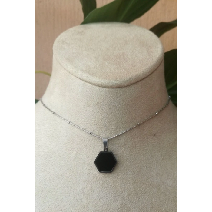 altigen tasarim ince silver zincirli gumus renkli akik tasli kaliteli paslanmaz celik kolye stainless stell