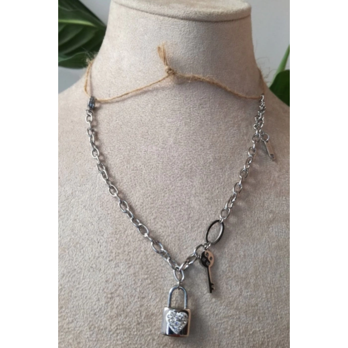 anahtar kilit tasarim ince silver zincirli gumus renkli zirkon tasli paslanmaz celik bileklik halhal