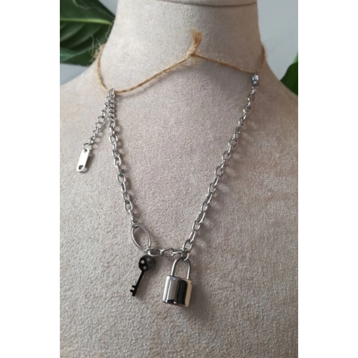 anahtar kilit tasarim ince silver zincirli gumus renkli zirkon tasli paslanmaz celik bileklik halhal