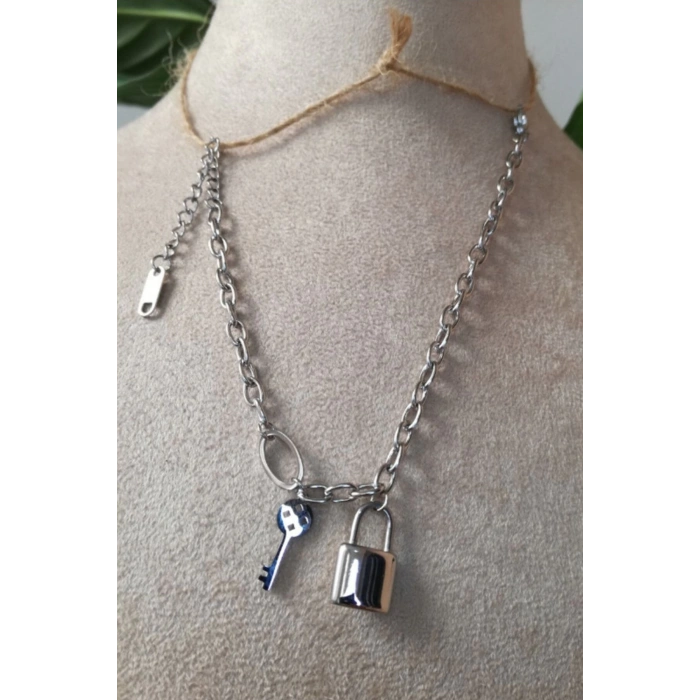 anahtar kilit tasarim ince silver zincirli gumus renkli zirkon tasli paslanmaz celik bileklik halhal