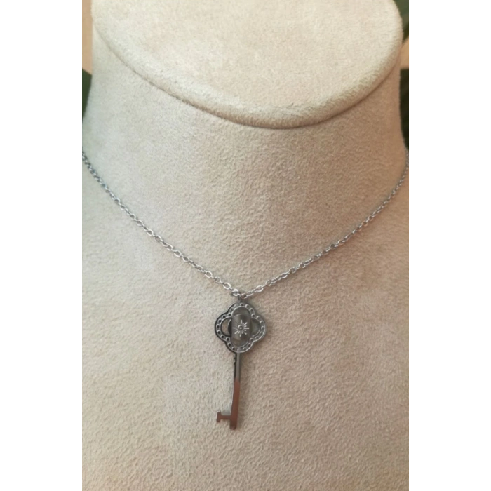 anahtar tasarim ince silver zincirli gumus renkli kaliteli paslanmaz celik kolye stainless stell