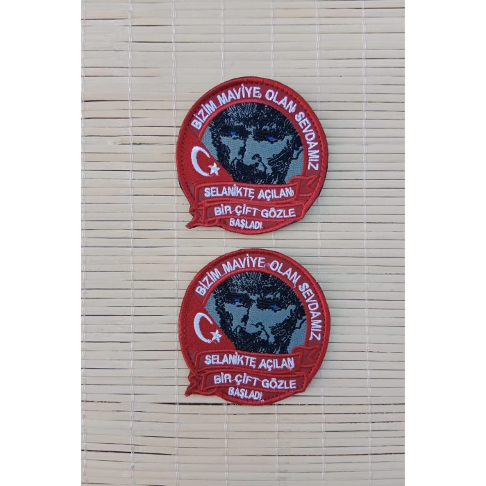 ataturk resimli kirmizi zemin nakis islemeli bizim maviye olan sevdamiz arma pec patch