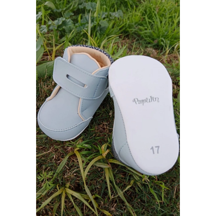 bebe mavisi renkli ici pamuklu cirtli bantli kapamali organik unisex cocuk bebek ilkadim patik ayakkabi