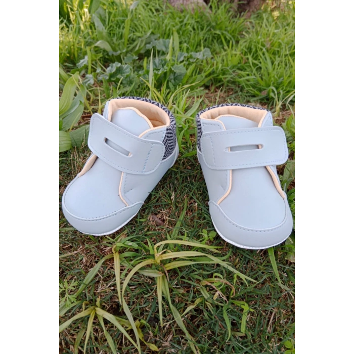 bebe mavisi renkli ici pamuklu cirtli bantli kapamali organik unisex cocuk bebek ilkadim patik ayakkabi