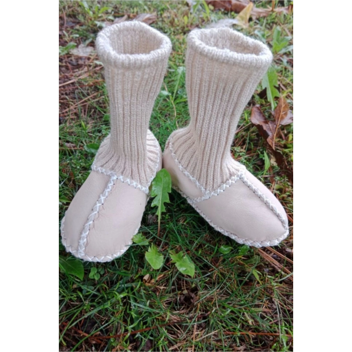 bej renkli hakiki kuzu derisi corapli model organik cocuk bebek ilkadim patik deri ayakkabi