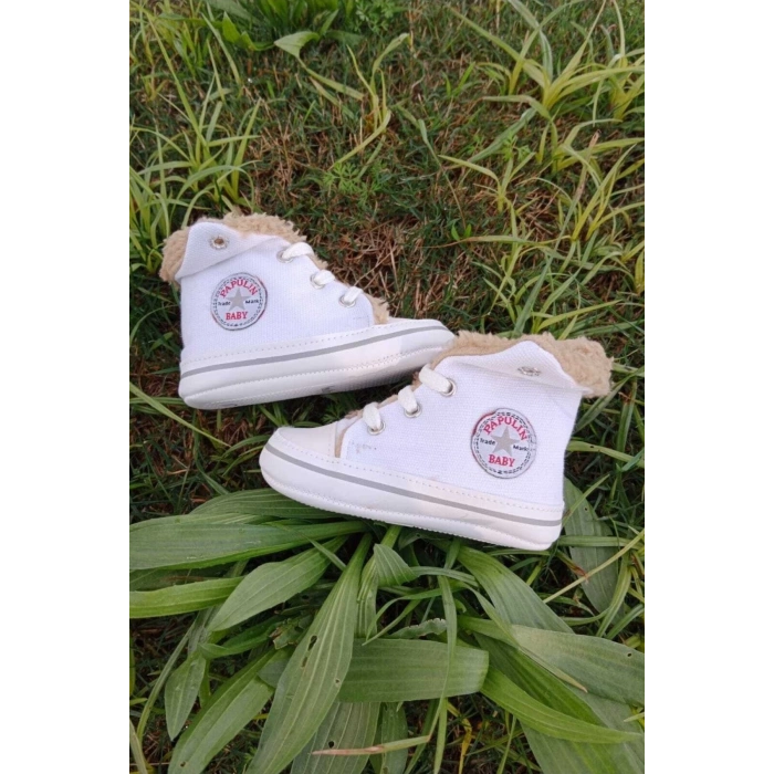 beyaz renkli converse model ici polarli organik unisex cocuk bebek ilkadim bagcikli patik sneaker casual ayakkabi