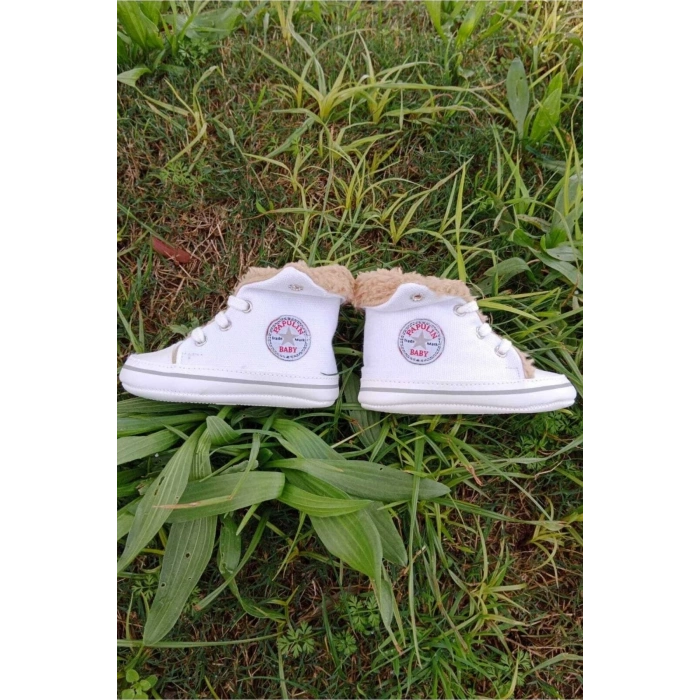 beyaz renkli converse model ici polarli organik unisex cocuk bebek ilkadim bagcikli patik sneaker casual ayakkabi