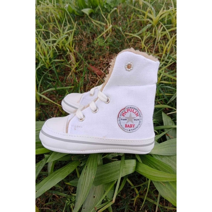 beyaz renkli converse model ici polarli organik unisex cocuk bebek ilkadim bagcikli patik sneaker casual ayakkabi