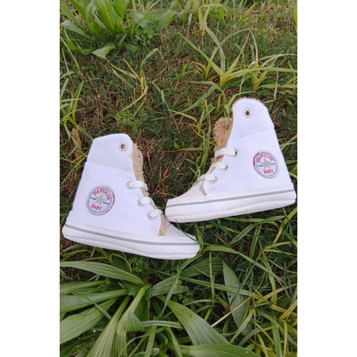 beyaz renkli converse model ici polarli organik unisex cocuk bebek ilkadim bagcikli patik sneaker casual ayakkabi