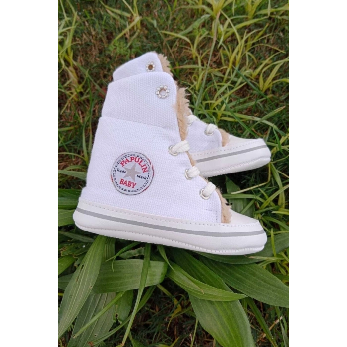 beyaz renkli converse model ici polarli organik unisex cocuk bebek ilkadim bagcikli patik sneaker casual ayakkabi