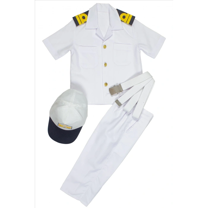 beyaz renkli kisa kollu sapkali yuzbasi cocuk kiyafet denizci kostum kaptan takimi