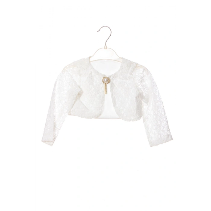 beyaz renkli uzun kollu dantel detayli kaliteli pamuklu kiz cocuk bolero yelek