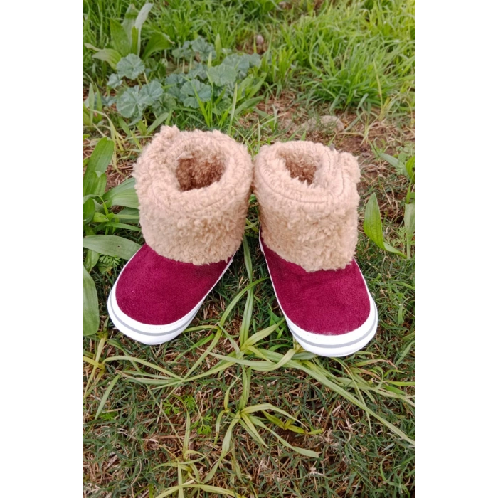 bordo renkli ici pamuklu cirtli bantli kapamali organik unisex cocuk bebek ilkadim patik panduf