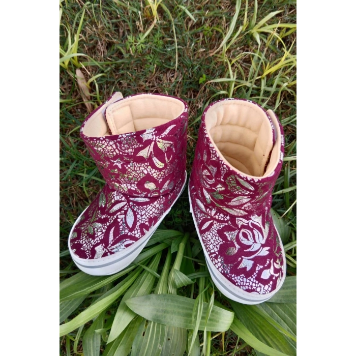 bordo renkli ici pamuklu cirtli bantli kapamali organik unisex cocuk bebek ilkadim panduf patik