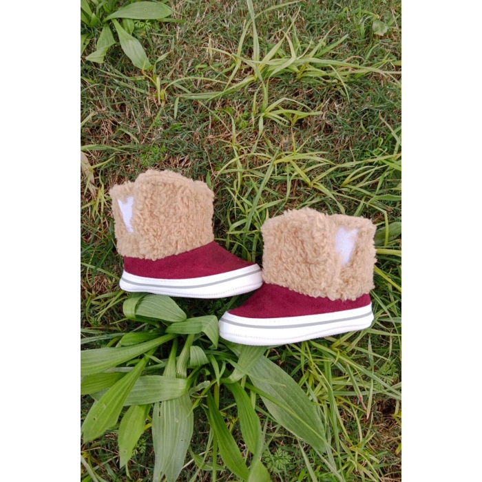 bordo renkli ici pamuklu cirtli bantli kapamali organik unisex cocuk bebek ilkadim patik panduf