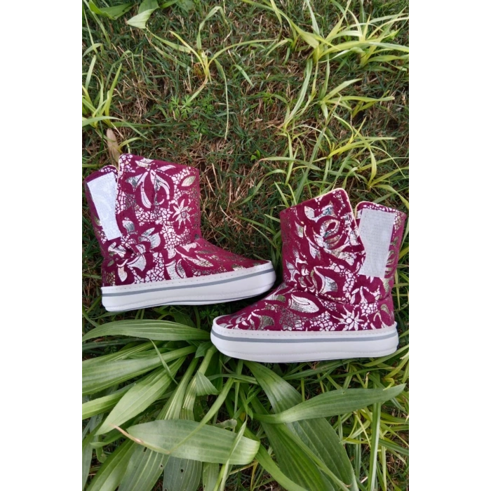 bordo renkli ici pamuklu cirtli bantli kapamali organik unisex cocuk bebek ilkadim panduf patik