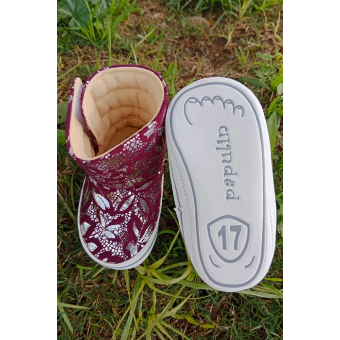 bordo renkli ici pamuklu cirtli bantli kapamali organik unisex cocuk bebek ilkadim panduf patik