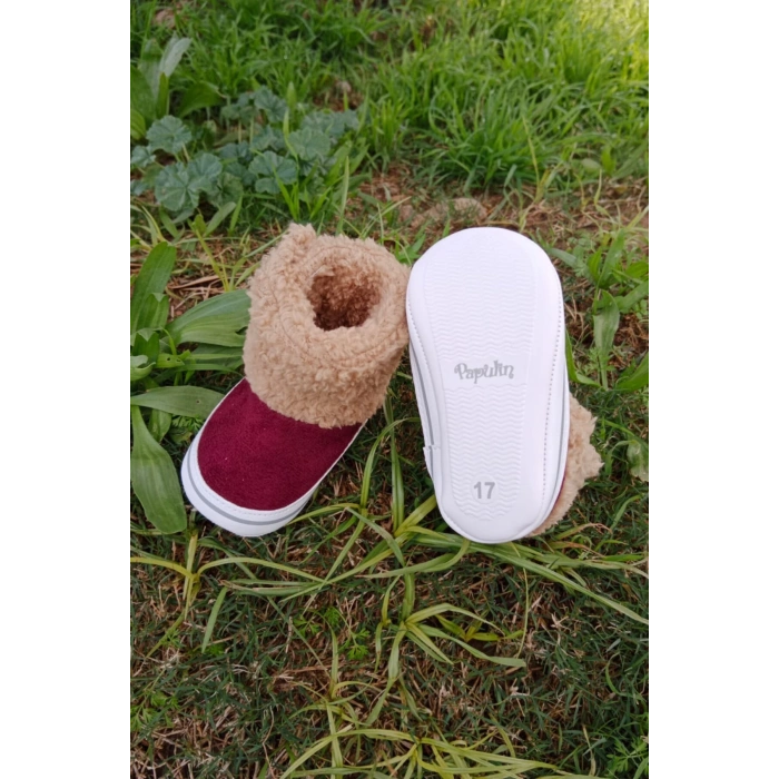 bordo renkli ici pamuklu cirtli bantli kapamali organik unisex cocuk bebek ilkadim patik panduf