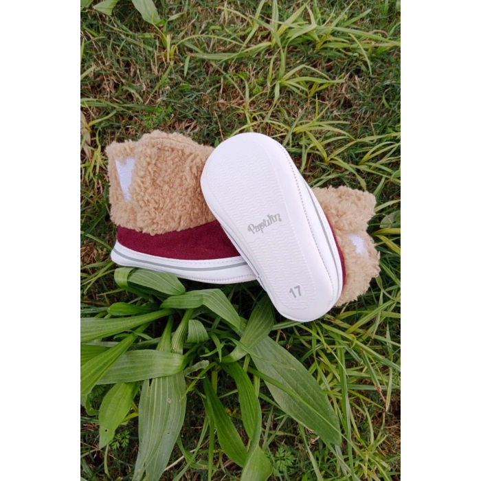 bordo renkli ici pamuklu cirtli bantli kapamali organik unisex cocuk bebek ilkadim patik panduf