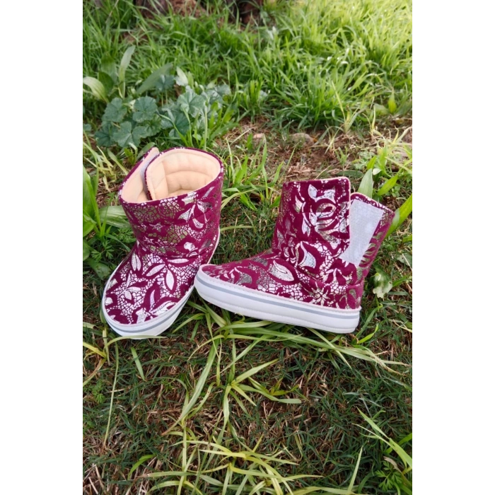 bordo renkli ici pamuklu cirtli bantli kapamali organik unisex cocuk bebek ilkadim panduf patik