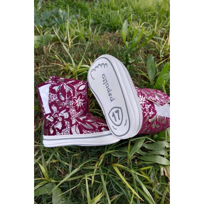 bordo renkli ici pamuklu cirtli bantli kapamali organik unisex cocuk bebek ilkadim panduf patik