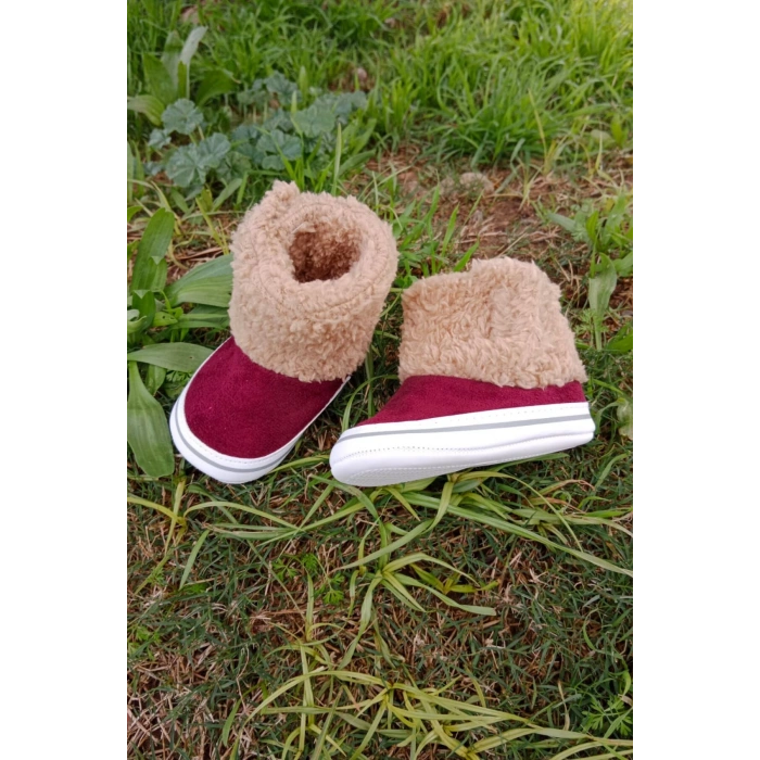 bordo renkli ici pamuklu cirtli bantli kapamali organik unisex cocuk bebek ilkadim patik panduf