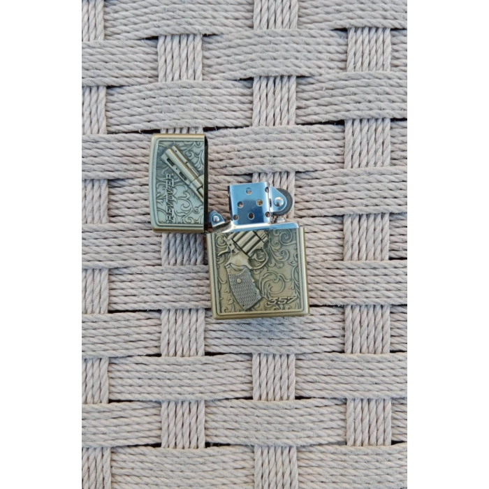 Bronz Renkli Revolver 38 lik Toplu Tabanca Kabartmali Benzinli Zippo Çakmak