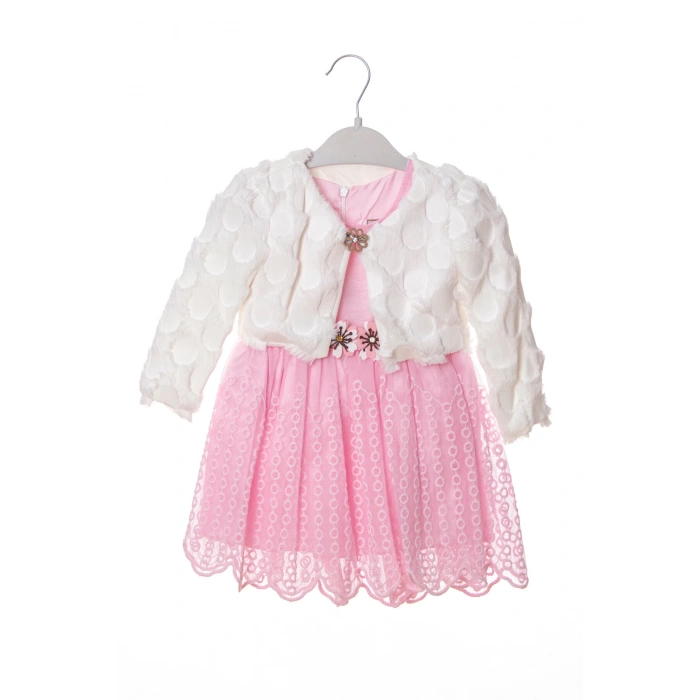 cingene pembe beyaz renkli bolerolu yunlu tullu astarli pamuklu kaliteli uzun kollu kiz cocuk elbise