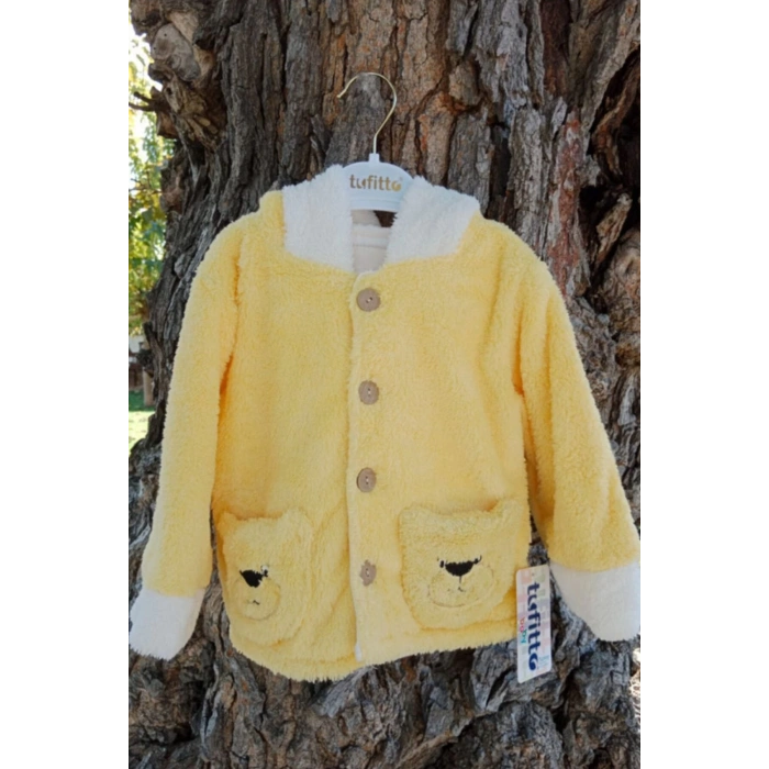 civciv sarisi renkli cocuk wellsoft kaliteli organik uzun kollu dugmeli kapusonlu ayicik nakisli cepli mont