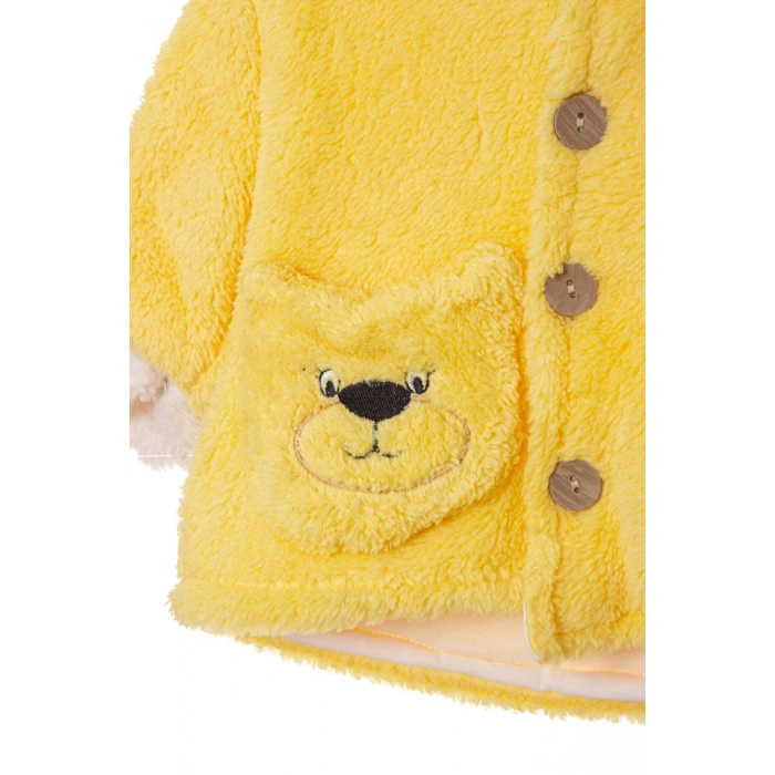 civciv sarisi renkli cocuk wellsoft kaliteli organik uzun kollu dugmeli kapusonlu ayicik nakisli cepli mont