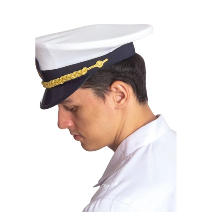 deniz kuvvetleri deniz fakultesi beyaz renkli kokartli yuvarlak kaptan mesdres harici sapka
