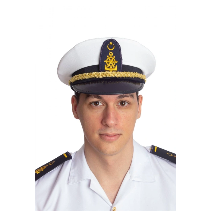deniz kuvvetleri deniz fakultesi beyaz renkli kokartli yuvarlak kaptan mesdres harici sapka