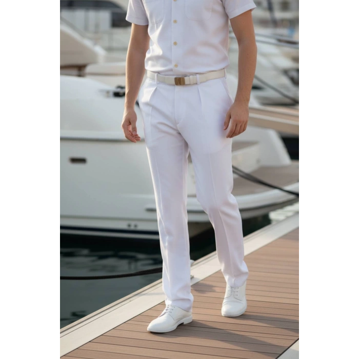 Deniz Kuvvetleri Deniz Fakultesi Deniz Lisesi Beyaz Renkli Yazlik Kaliteli Pamuklu Kumas Kaptan Pantolon
