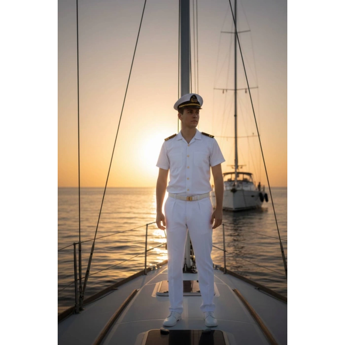 deniz kuvvetleri deniz lisesi ve fakultesi beyaz renkli kisa kollu gomlek yazlik kaliteli pamuklu kumas kaptan pantolon takim mesdres harici sapka kemer