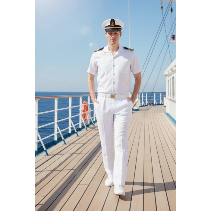 deniz kuvvetleri deniz lisesi ve fakultesi beyaz renkli kisa kollu gomlek yazlik kaliteli pamuklu kumas kaptan pantolon takim mesdres harici sapka kemer