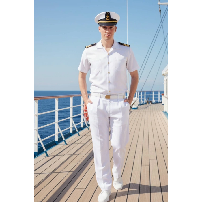 deniz kuvvetleri deniz lisesi ve fakultesi beyaz renkli kisa kollu gomlek yazlik kaliteli pamuklu kumas kaptan pantolon takim mesdres harici sapka kemer