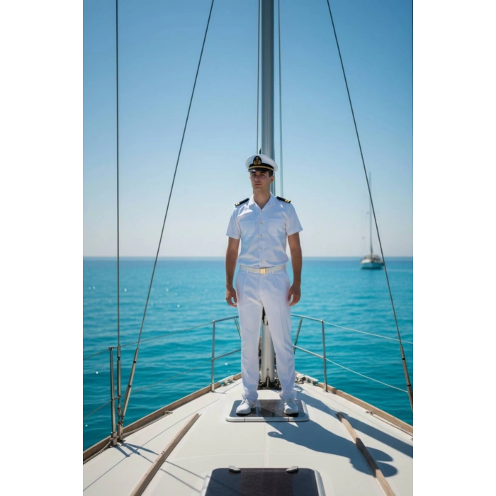 deniz kuvvetleri deniz lisesi ve fakultesi beyaz renkli kisa kollu gomlek yazlik kaliteli pamuklu kumas kaptan pantolon takim mesdres harici sapka kemer