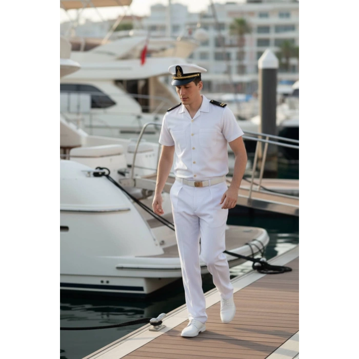 deniz kuvvetleri deniz lisesi ve fakultesi beyaz renkli kisa kollu gomlek yazlik kaliteli pamuklu kumas kaptan pantolon takim mesdres harici sapka kemer