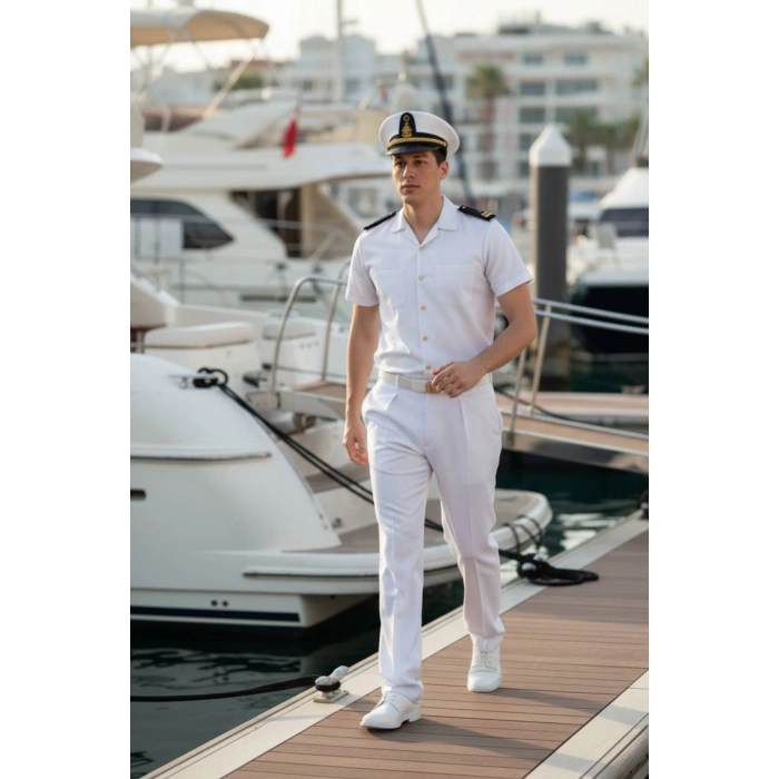 deniz kuvvetleri deniz lisesi ve fakultesi beyaz renkli kisa kollu gomlek yazlik kaliteli pamuklu kumas kaptan pantolon takim mesdres harici sapka kemer